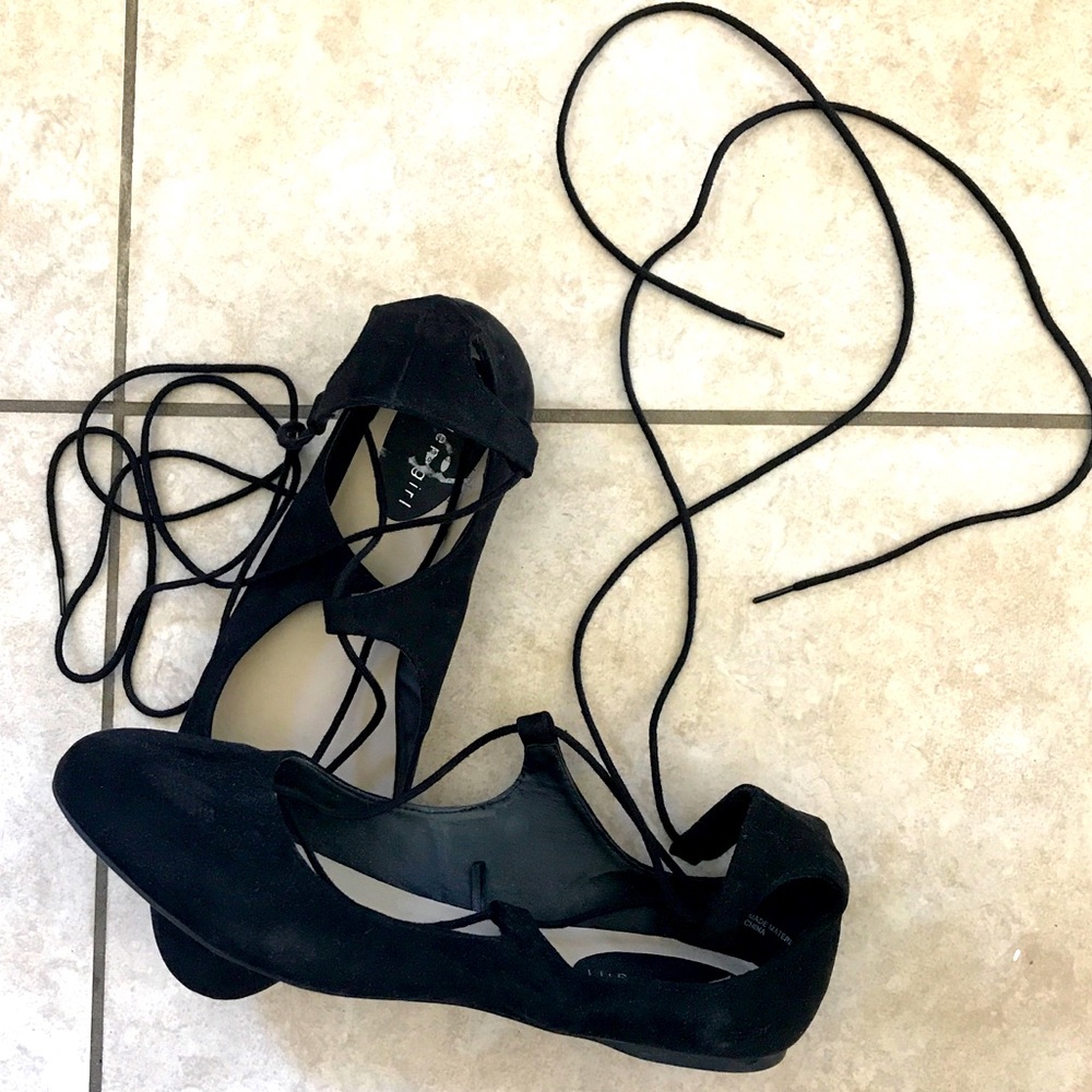 Unworn Black Suede Ballet Flats with Wrap-Up Laces